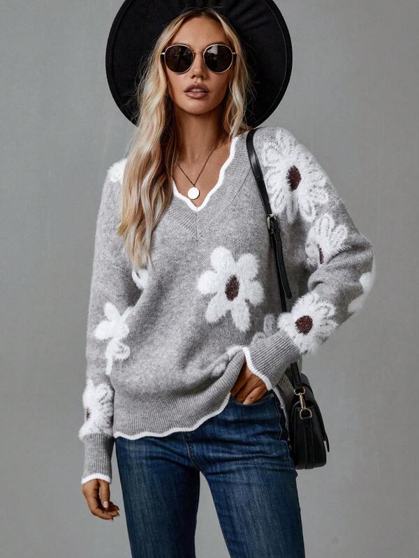 Thea | Elegant Floral Sweater with V-Neck