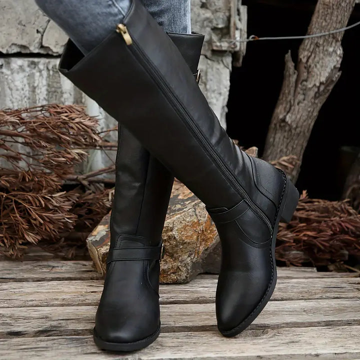 Amelia™ | Chunky Heel Mid Calf Zipper Boots