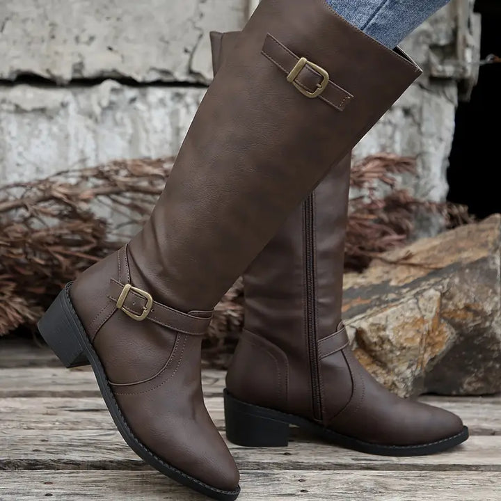 Amelia™ | Chunky Heel Mid Calf Zipper Boots