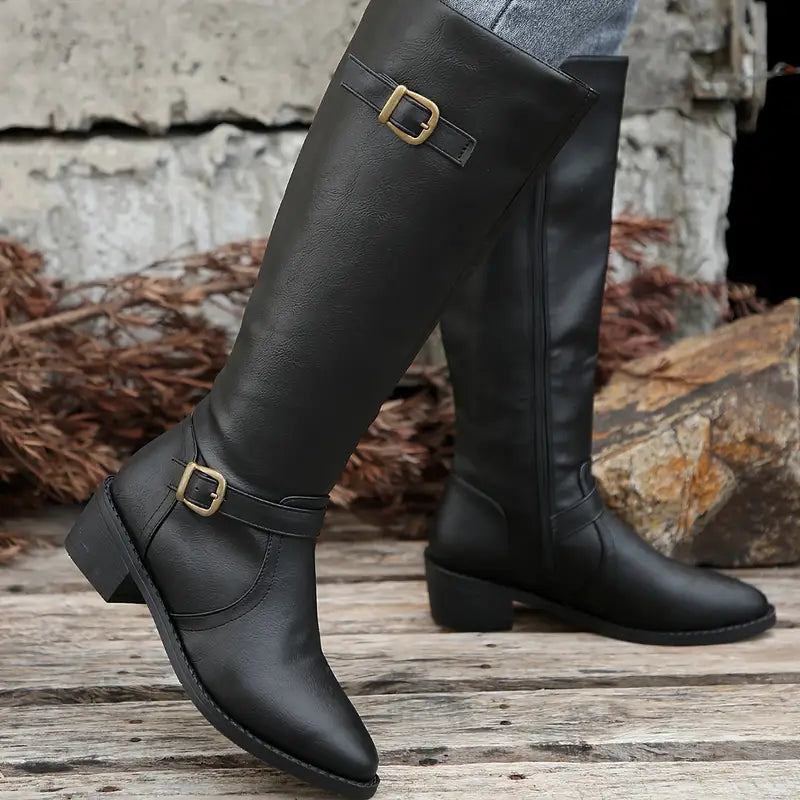 Amelia™ | Chunky Heel Mid Calf Zipper Boots
