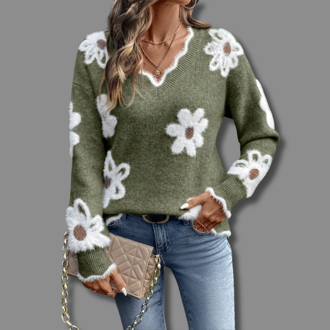 Thea | Elegant Floral Sweater with V-Neck