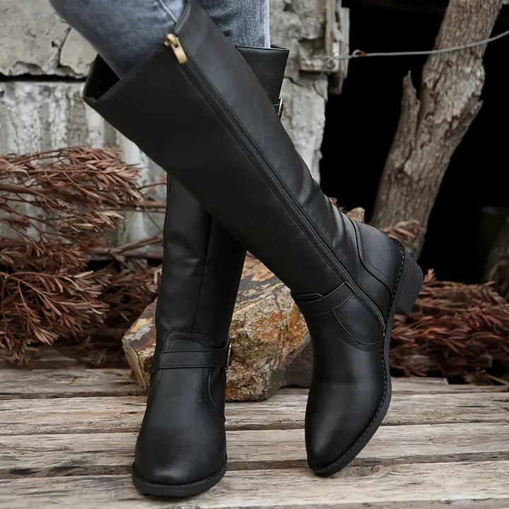 Amelia™ | Chunky Heel Mid Calf Zipper Boots
