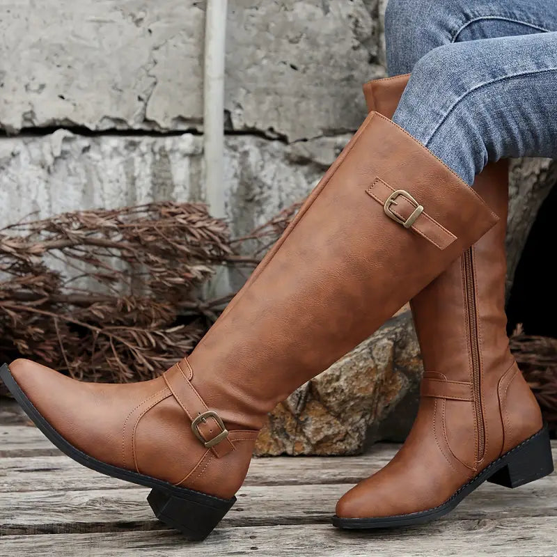 Amelia™ | Chunky Heel Mid Calf Zipper Boots